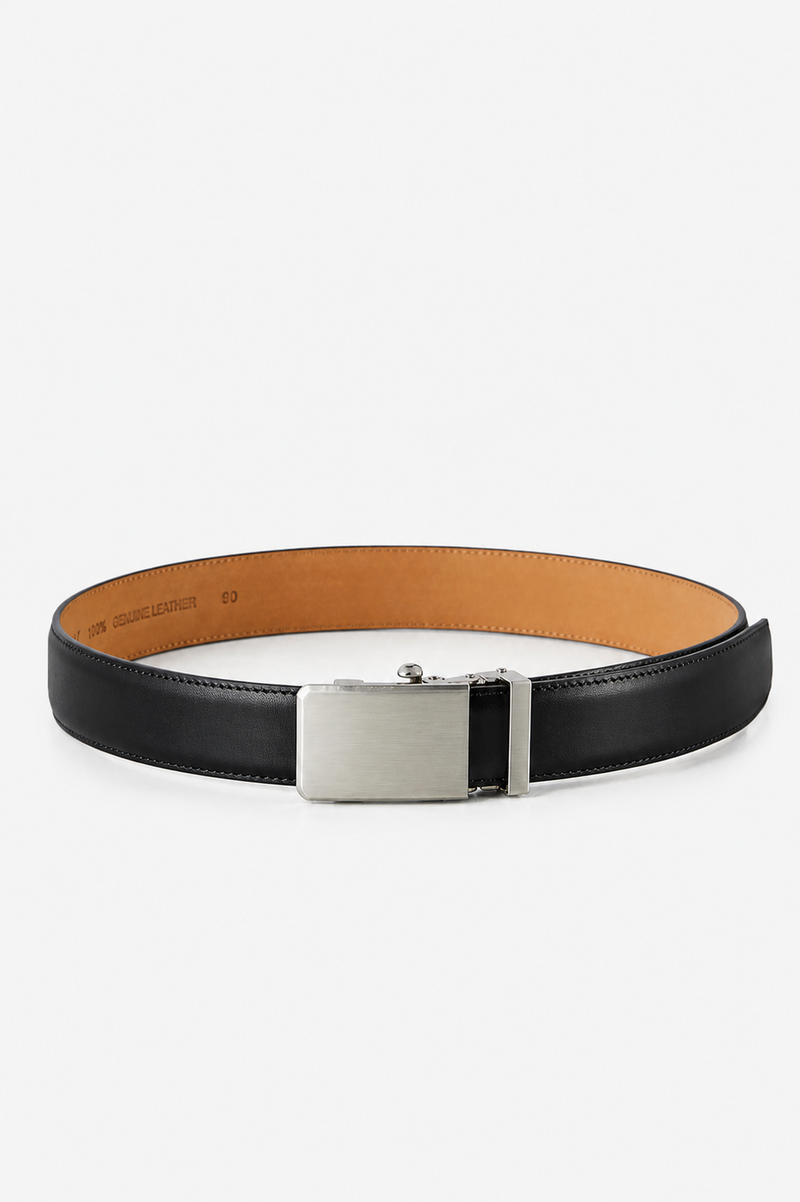 Automatic Italian leather belt with brushed silver buckle – black strap