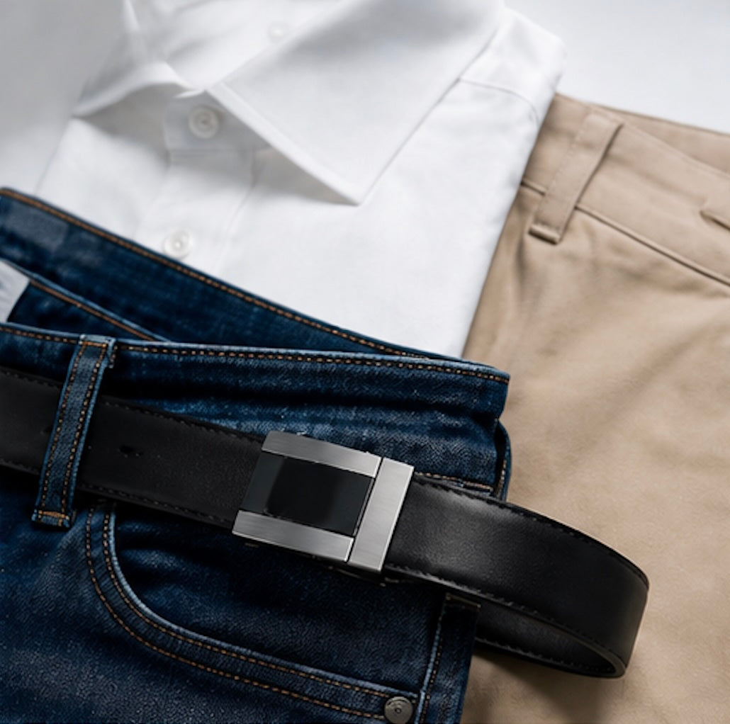 Black Harrow automatic belt with a brushed steel buckle laid over dark jeans, beside stone chinos and a white shirt