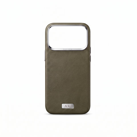 Harrow iPhone 18 Pro Max Case – Italian Nappa Leather, Monogram — Olive