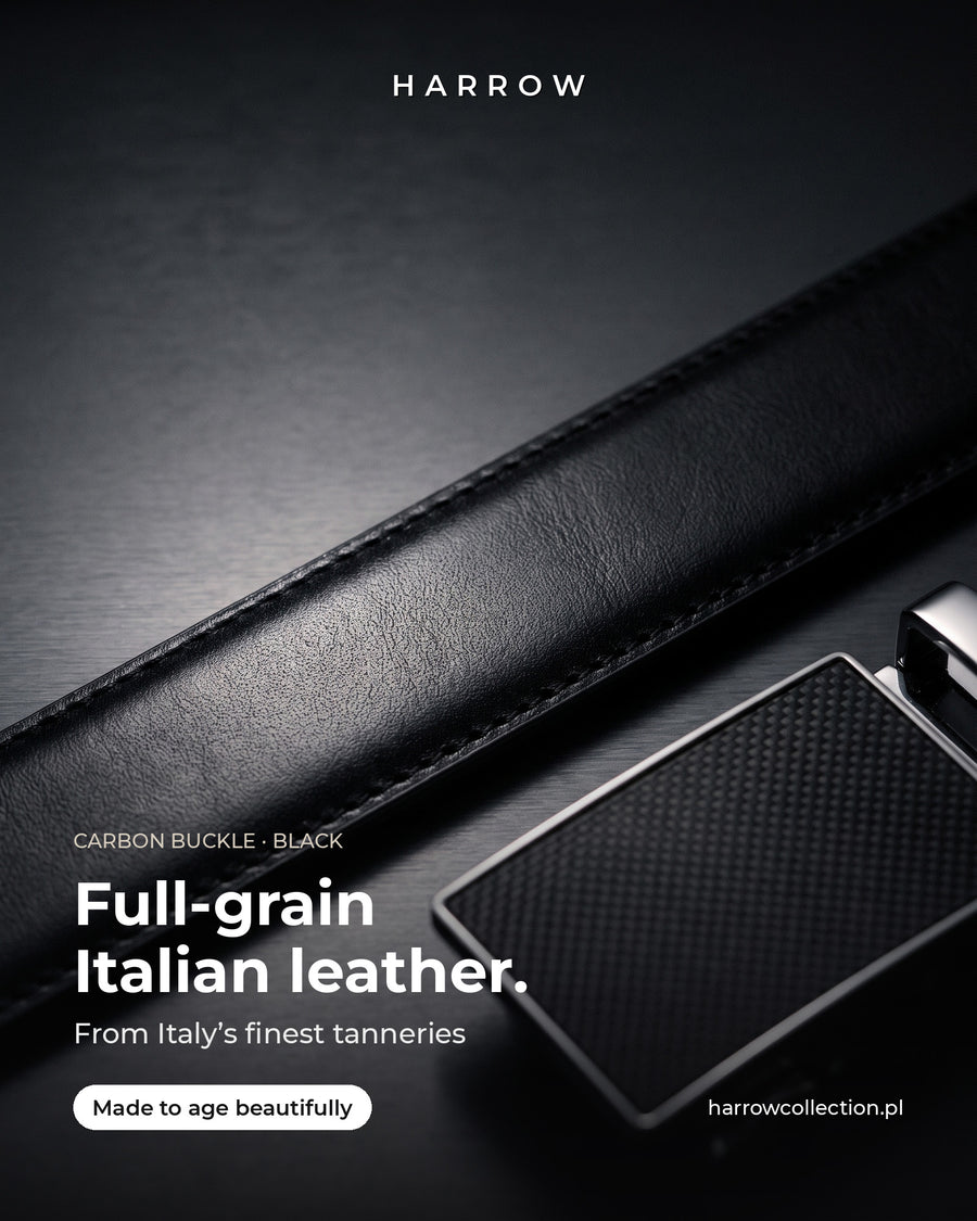 Harrow automatic Italian leather belt, carbon buckle, black strap – full-grain Italian leather close-up (EN campaign creative)