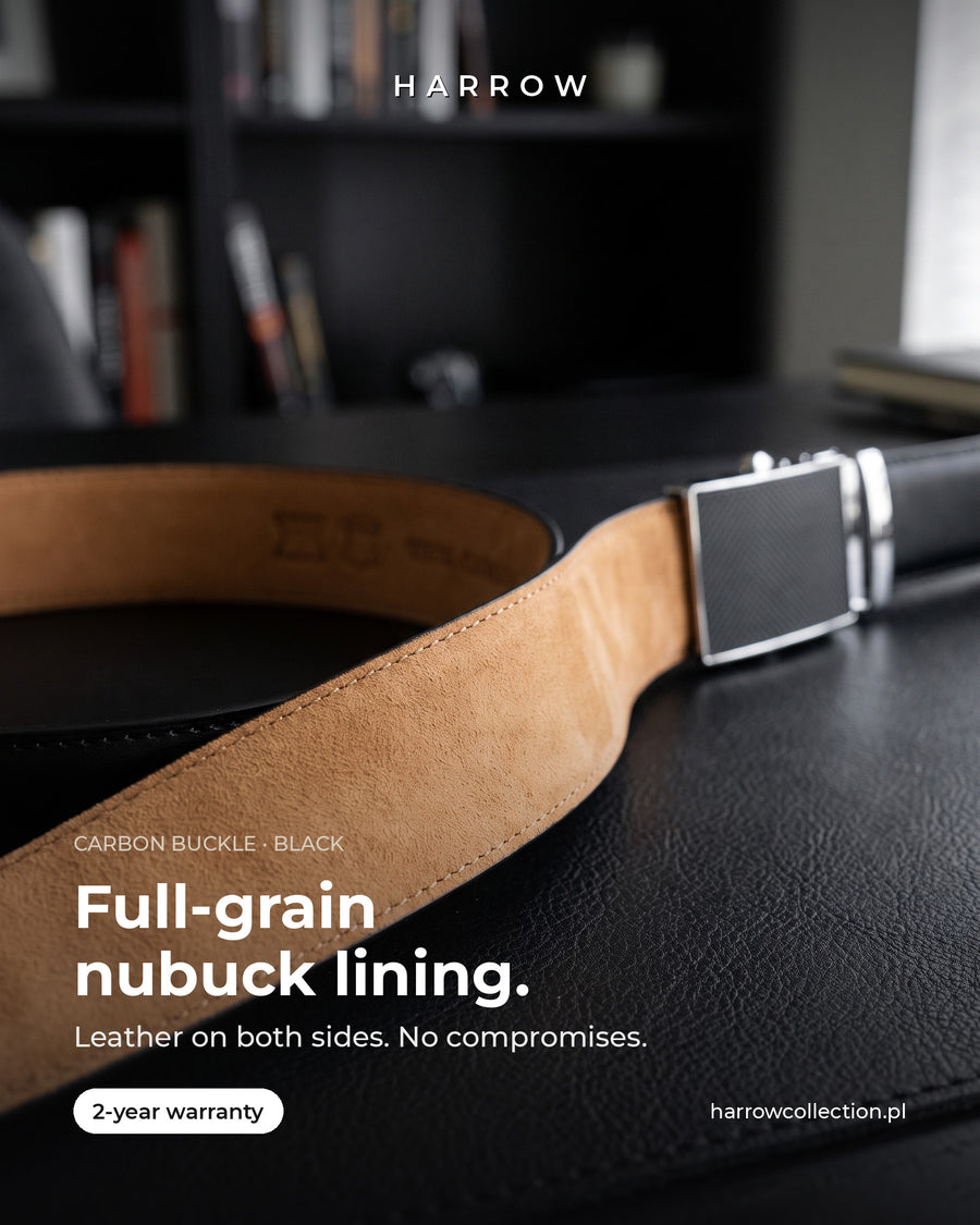 Harrow automatic Italian leather belt, carbon buckle, black strap – full-grain nubuck lining close-up (EN campaign creative)