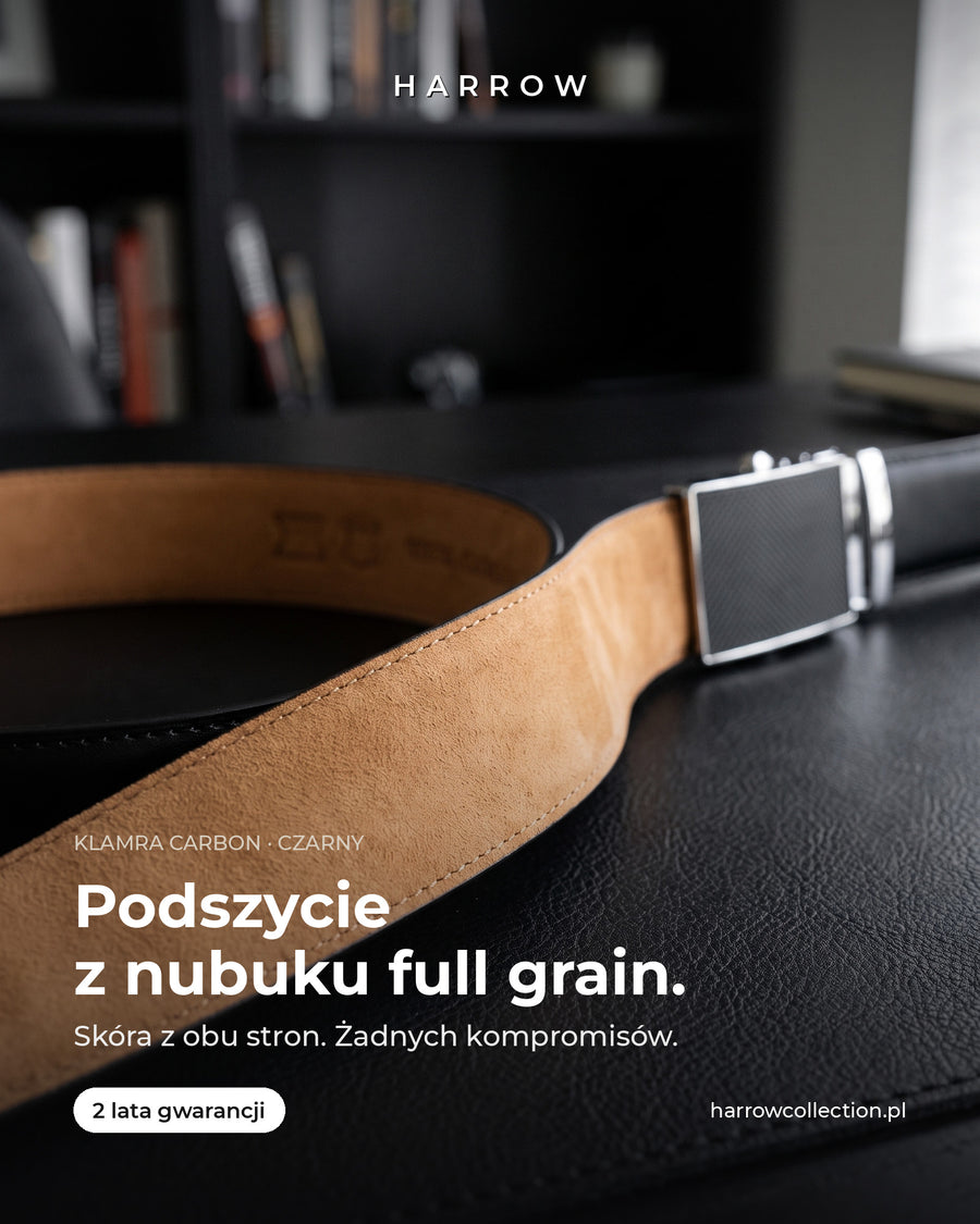 Harrow automatic Italian leather belt, carbon buckle, black strap – full-grain nubuck lining close-up (PL campaign creative)