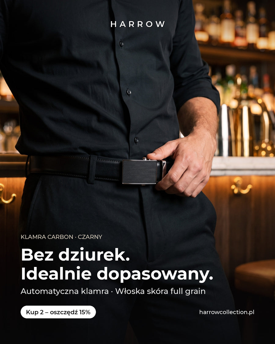 Harrow automatic Italian leather belt, carbon buckle, black strap – worn on a model (PL campaign creative)