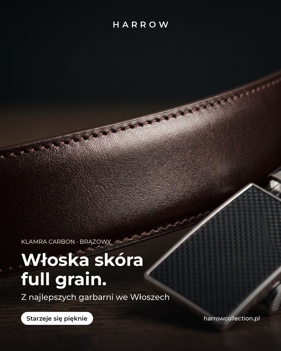 Harrow automatic Italian leather belt, carbon buckle, brown strap – full-grain Italian leather close-up (PL campaign creative)