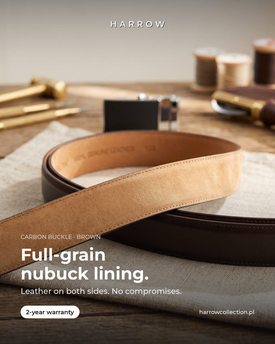 Harrow automatic Italian leather belt, carbon buckle, brown strap – full-grain nubuck lining close-up (EN campaign creative)