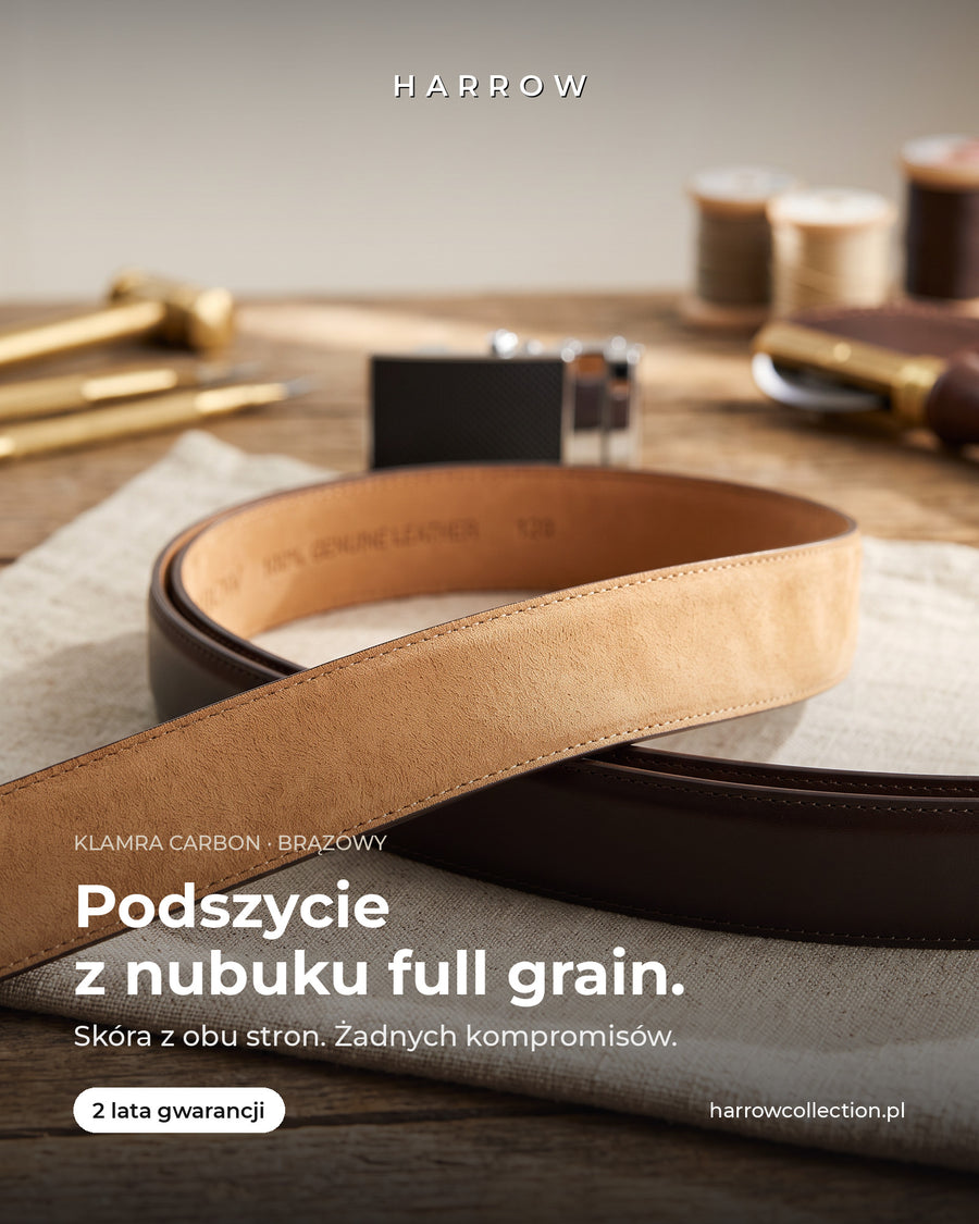 Harrow automatic Italian leather belt, carbon buckle, brown strap – full-grain nubuck lining close-up (PL campaign creative)