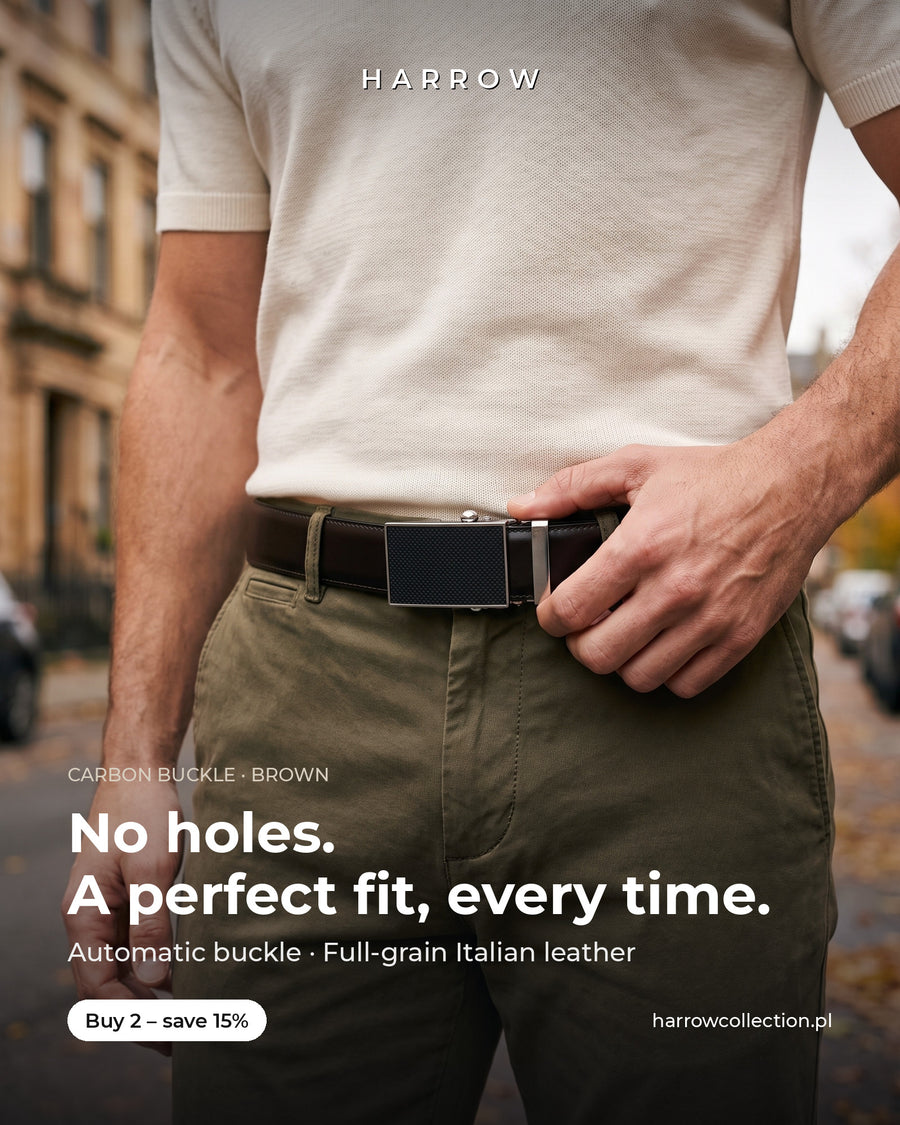 Harrow automatic Italian leather belt, carbon buckle, brown strap – worn on a model (EN campaign creative)