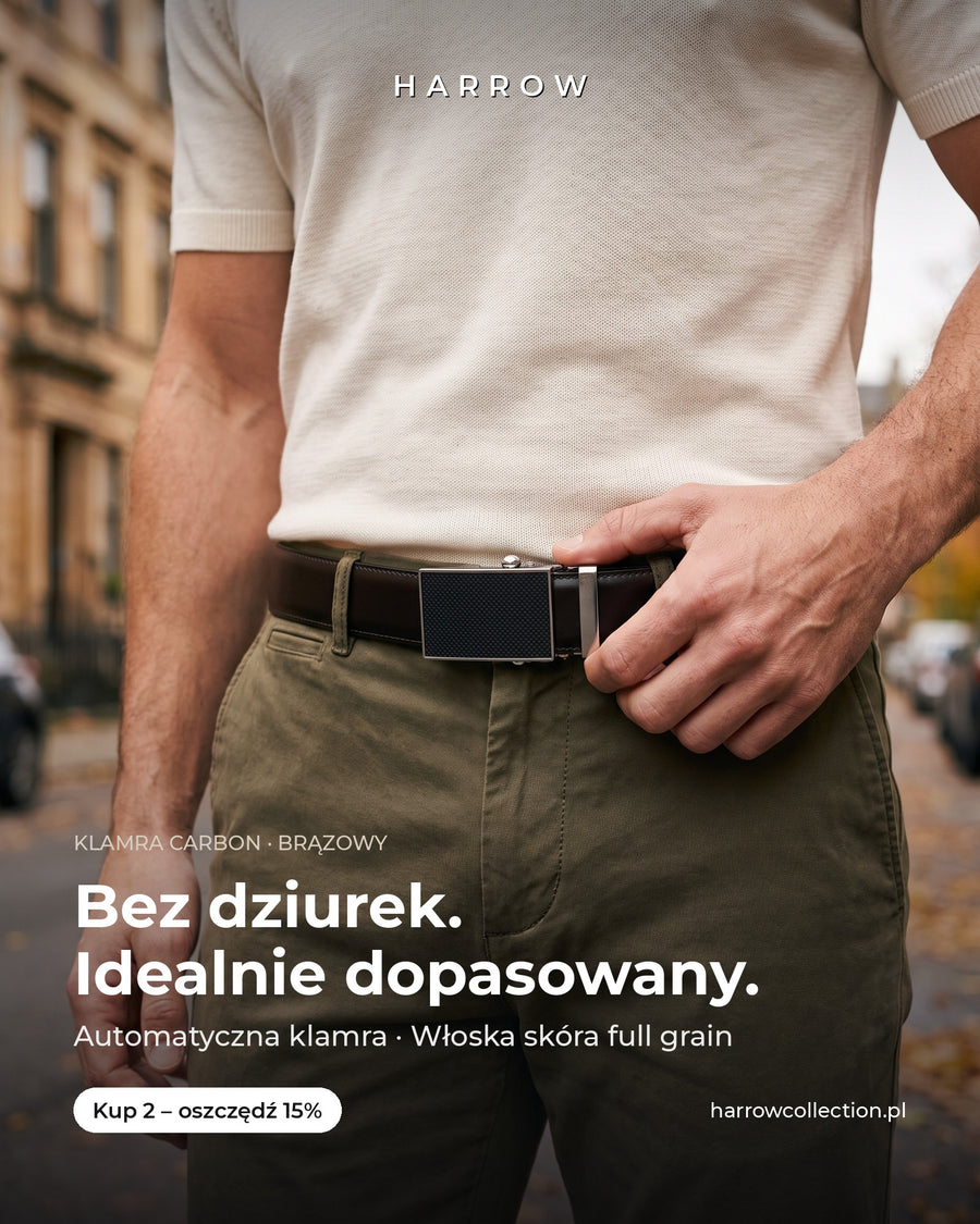 Harrow automatic Italian leather belt, carbon buckle, brown strap – worn on a model (PL campaign creative)
