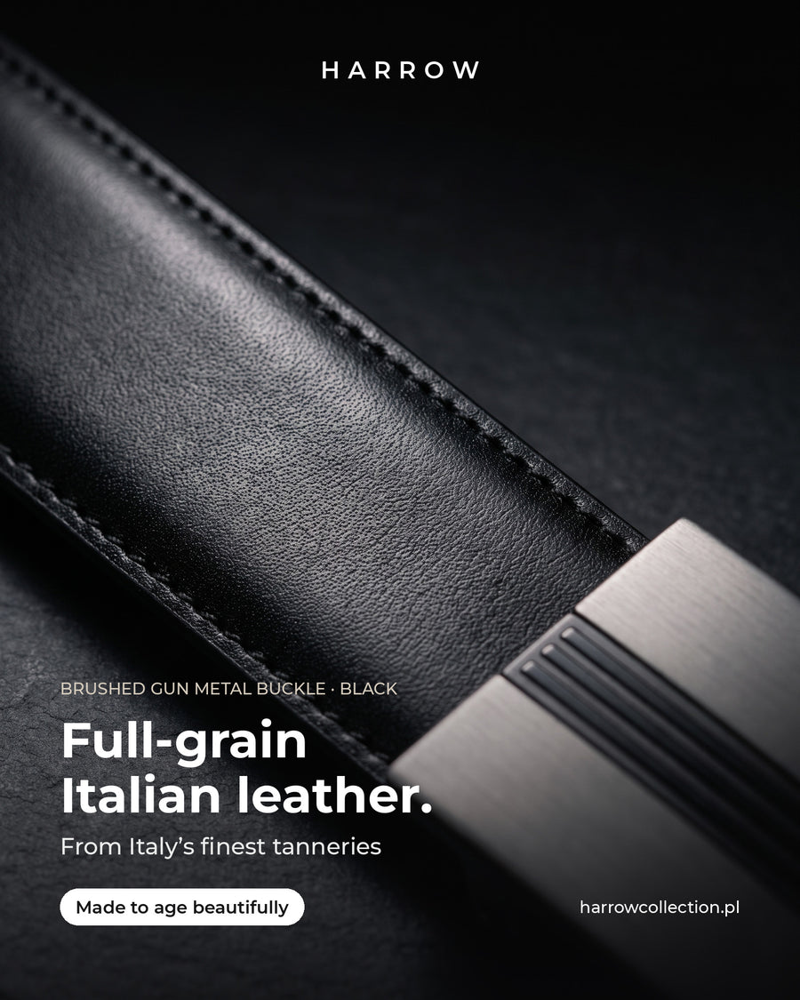 Harrow automatic Italian leather belt, brushed gun metal buckle, black strap – full-grain Italian leather close-up (EN campaign creative)