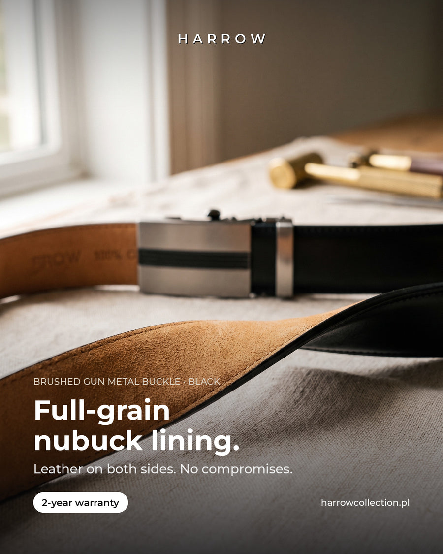 Harrow automatic Italian leather belt, brushed gun metal buckle, black strap – full-grain nubuck lining close-up (EN campaign creative)