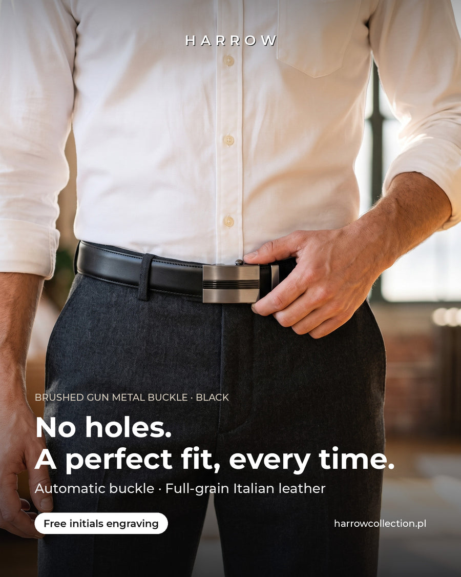 Harrow automatic Italian leather belt, brushed gun metal buckle, black strap – worn on a model (EN campaign creative)