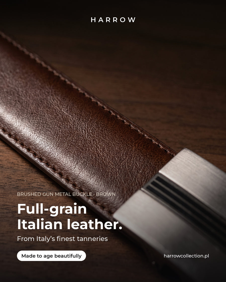 Harrow automatic Italian leather belt, brushed gun metal buckle, brown strap – full-grain Italian leather close-up (EN campaign creative)