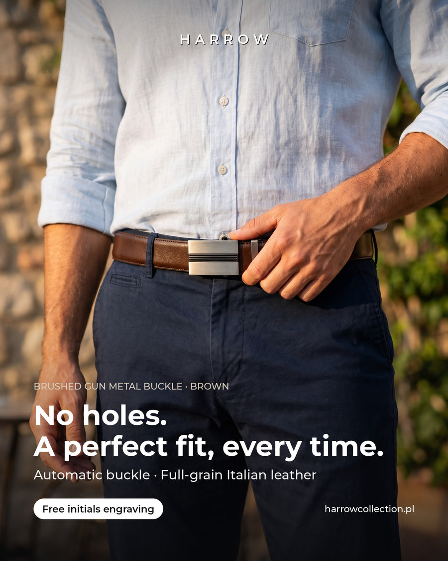 Harrow automatic Italian leather belt, brushed gun metal buckle, brown strap – worn on a model (EN campaign creative)