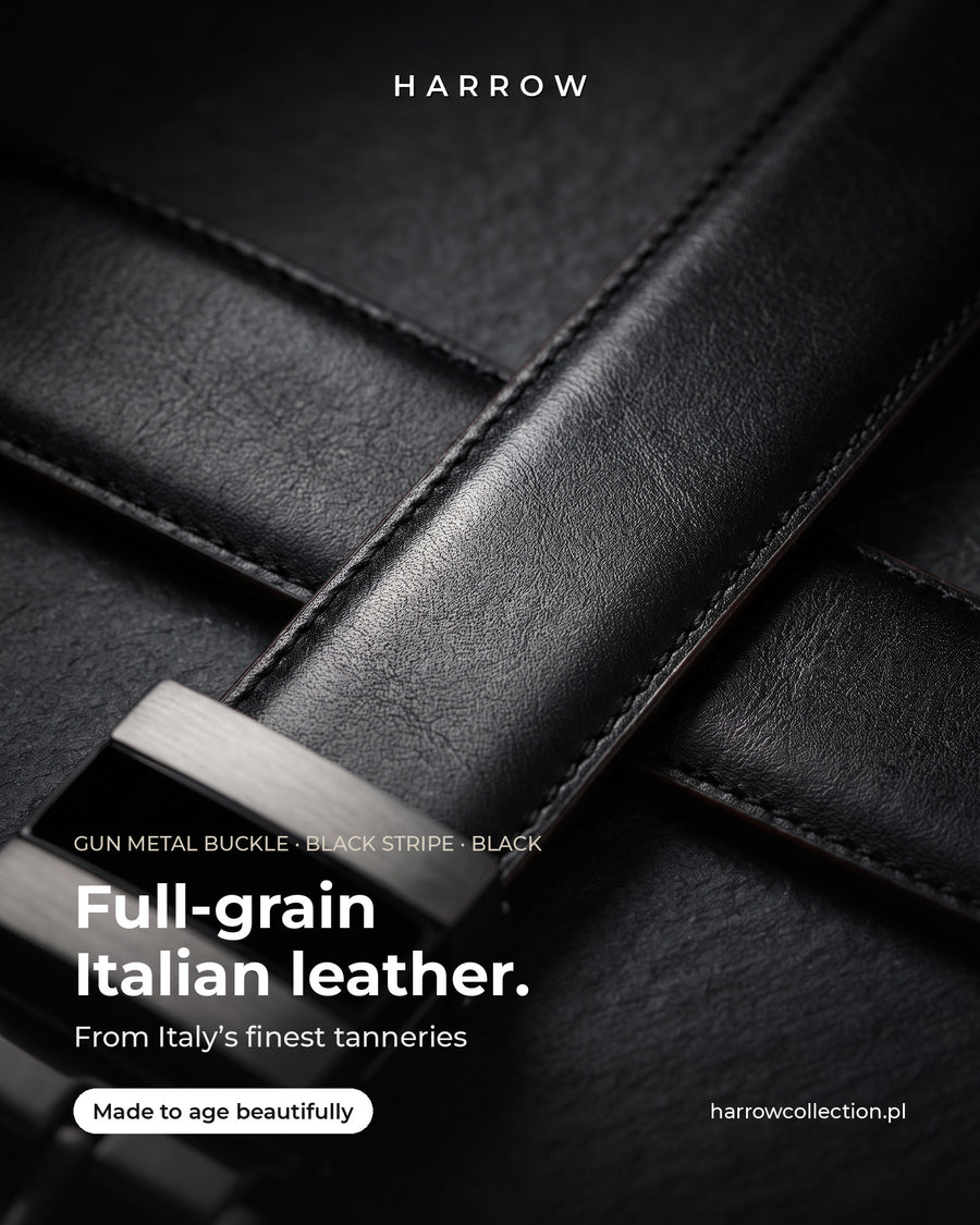 Harrow automatic Italian leather belt, gun metal buckle with black stripe, black strap – full-grain Italian leather close-up (EN campaign creative)