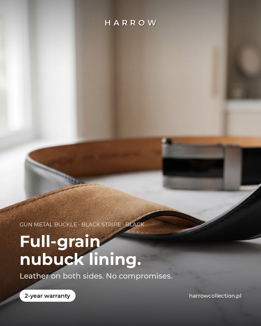 Harrow automatic Italian leather belt, gun metal buckle with black stripe, black strap – full-grain nubuck lining close-up (EN campaign creative)