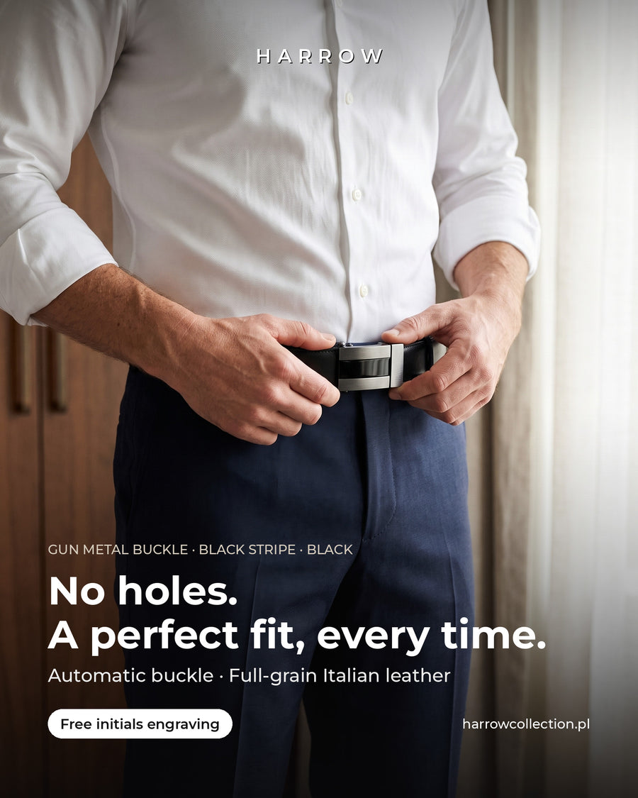 Harrow automatic Italian leather belt, gun metal buckle with black stripe, black strap – worn on a model (EN campaign creative)