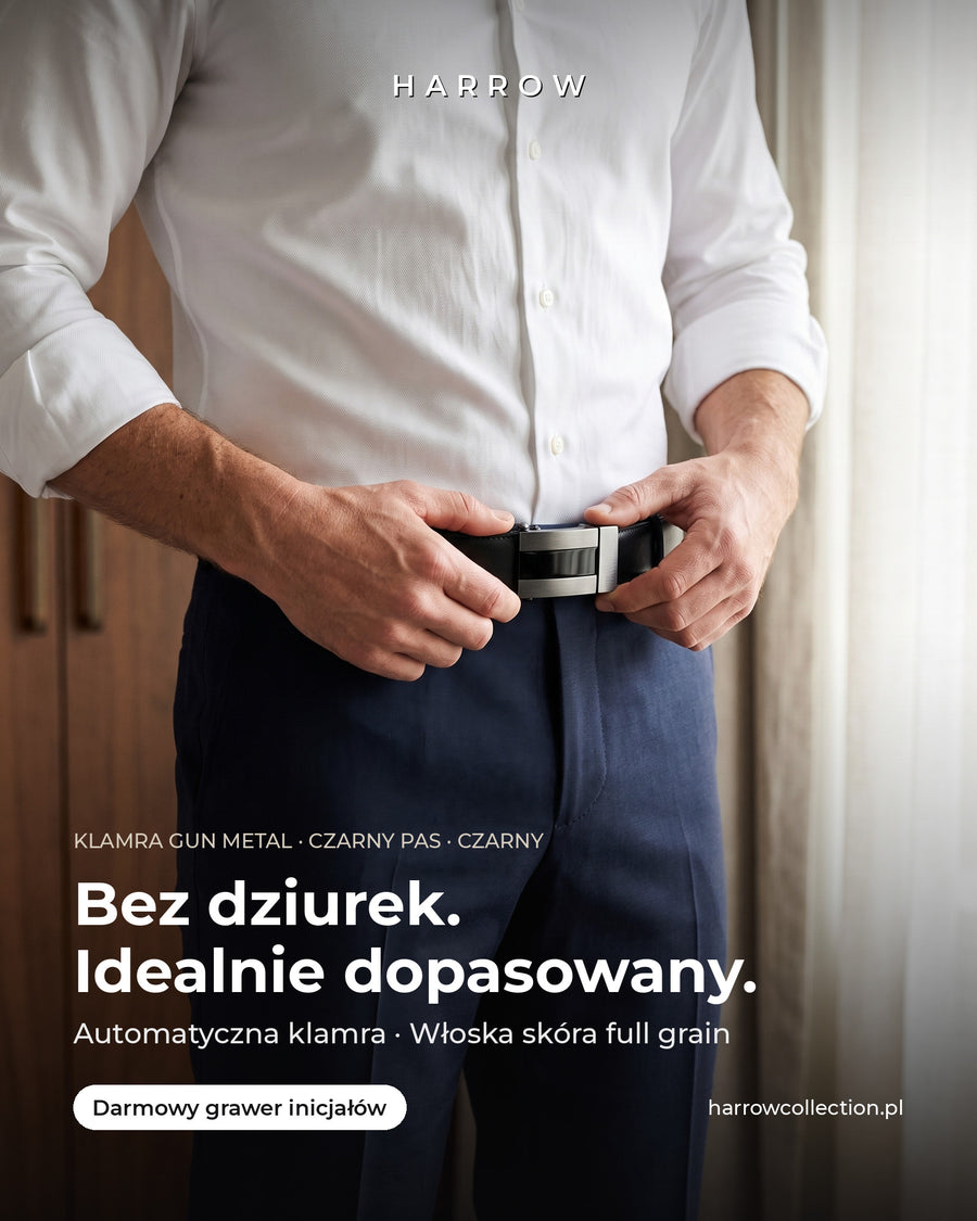 Harrow automatic Italian leather belt, gun metal buckle with black stripe, black strap – worn on a model (PL campaign creative)