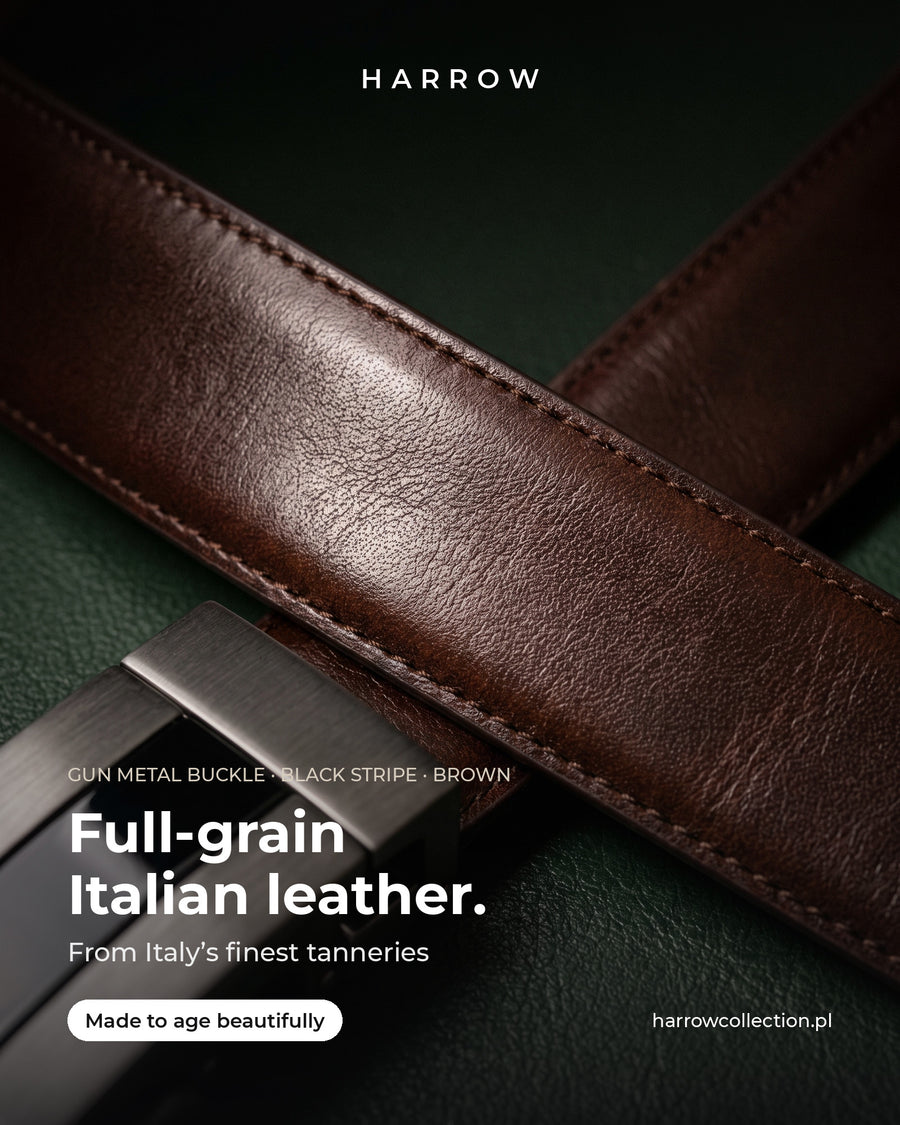 Harrow automatic Italian leather belt, gun metal buckle with black stripe, brown strap – full-grain Italian leather close-up (EN campaign creative)