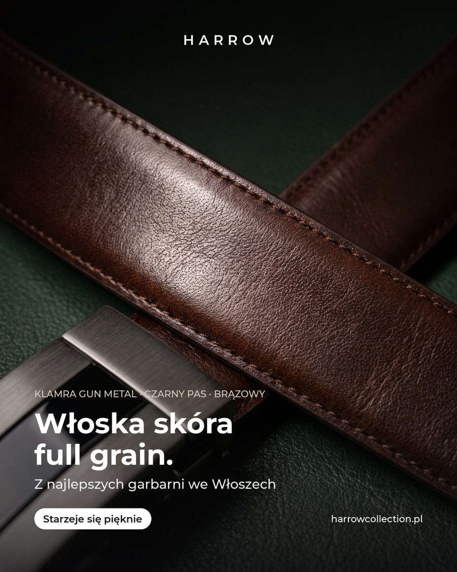 Harrow automatic Italian leather belt, gun metal buckle with black stripe, brown strap – full-grain Italian leather close-up (PL campaign creative)