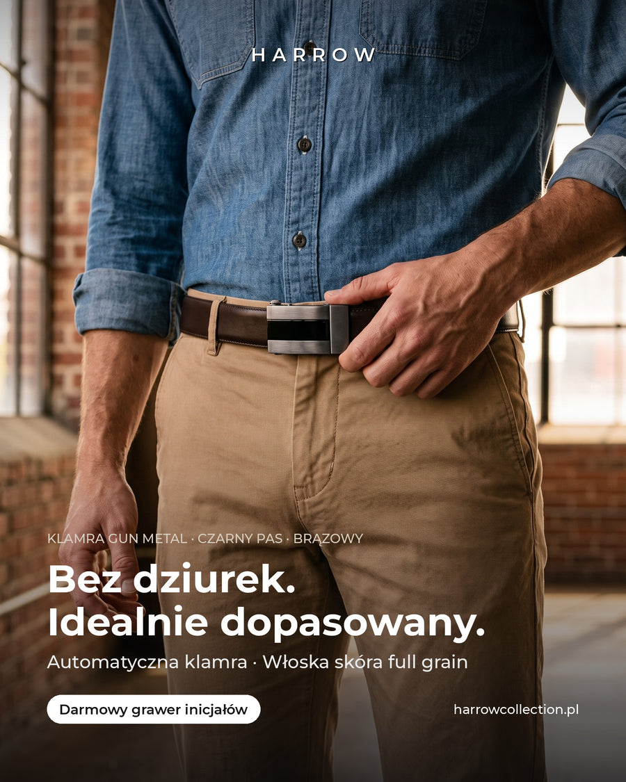 Harrow automatic Italian leather belt, gun metal buckle with black stripe, brown strap – worn on a model (PL campaign creative)