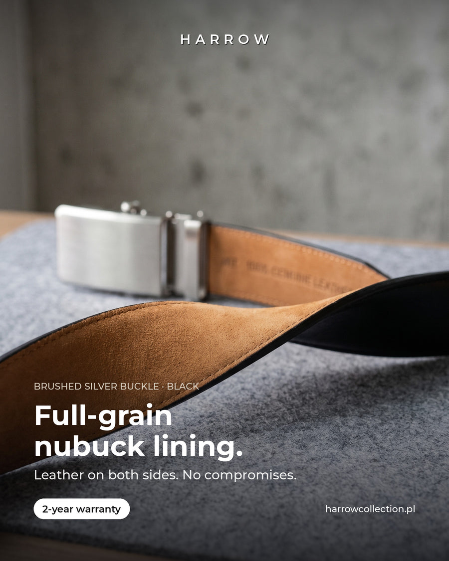 Harrow automatic Italian leather belt, brushed silver buckle, black strap – full-grain nubuck lining close-up (EN campaign creative)