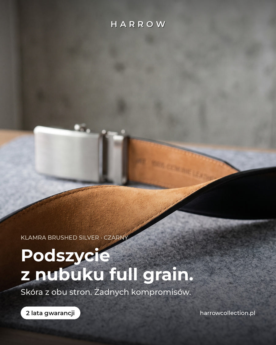Harrow automatic Italian leather belt, brushed silver buckle, black strap – full-grain nubuck lining close-up (PL campaign creative)