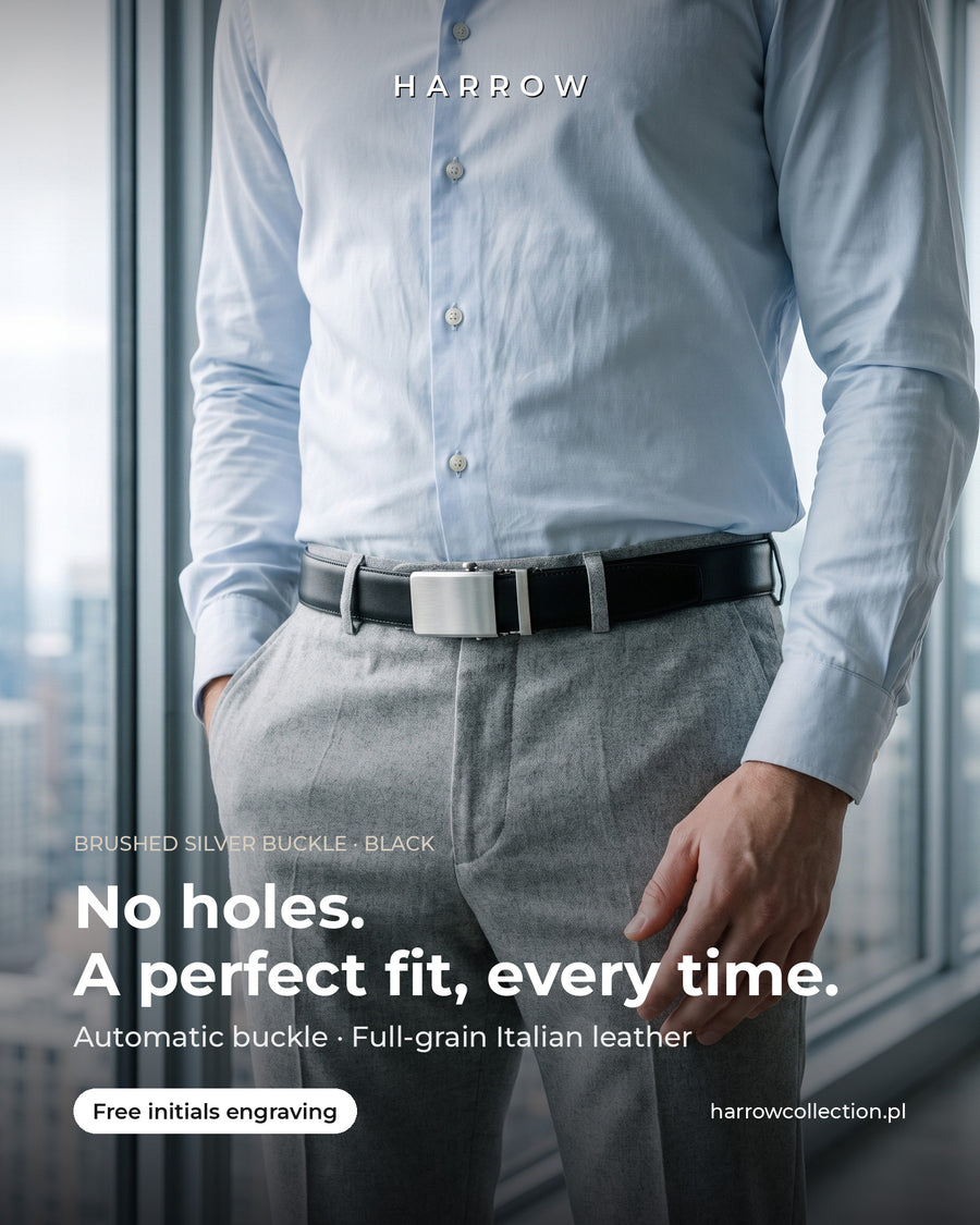 Harrow automatic Italian leather belt, brushed silver buckle, black strap – worn on a model (EN campaign creative)