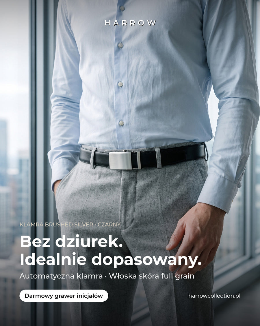 Harrow automatic Italian leather belt, brushed silver buckle, black strap – worn on a model (PL campaign creative)