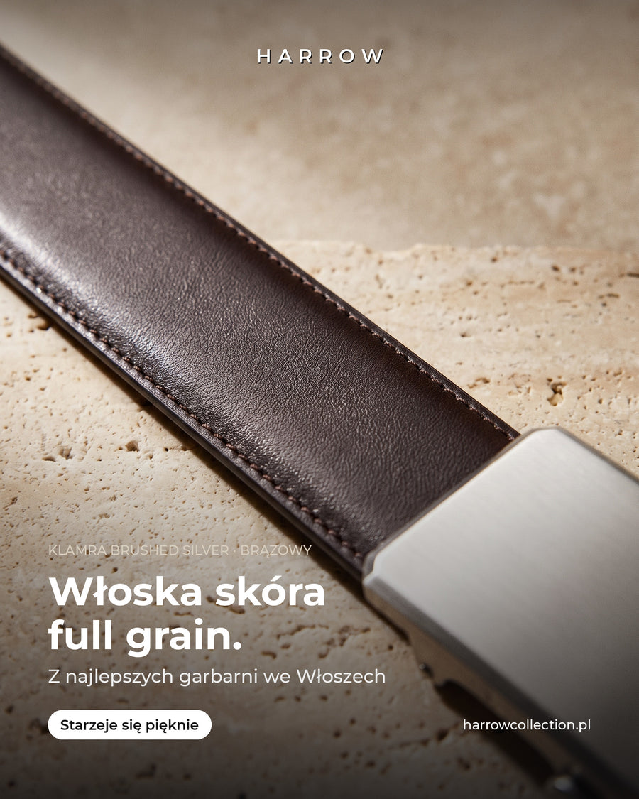 Harrow automatic Italian leather belt, brushed silver buckle, brown strap – full-grain Italian leather close-up (PL campaign creative)