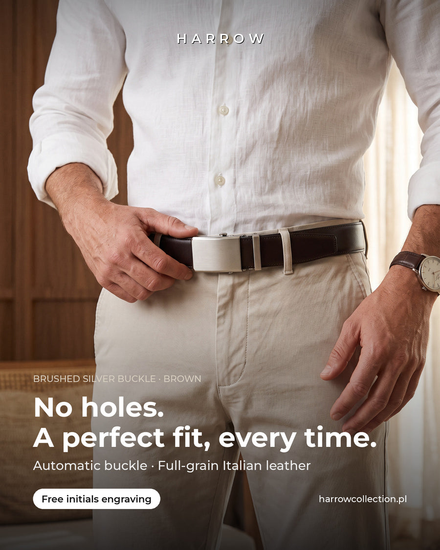 Harrow automatic Italian leather belt, brushed silver buckle, brown strap – worn on a model (EN campaign creative)