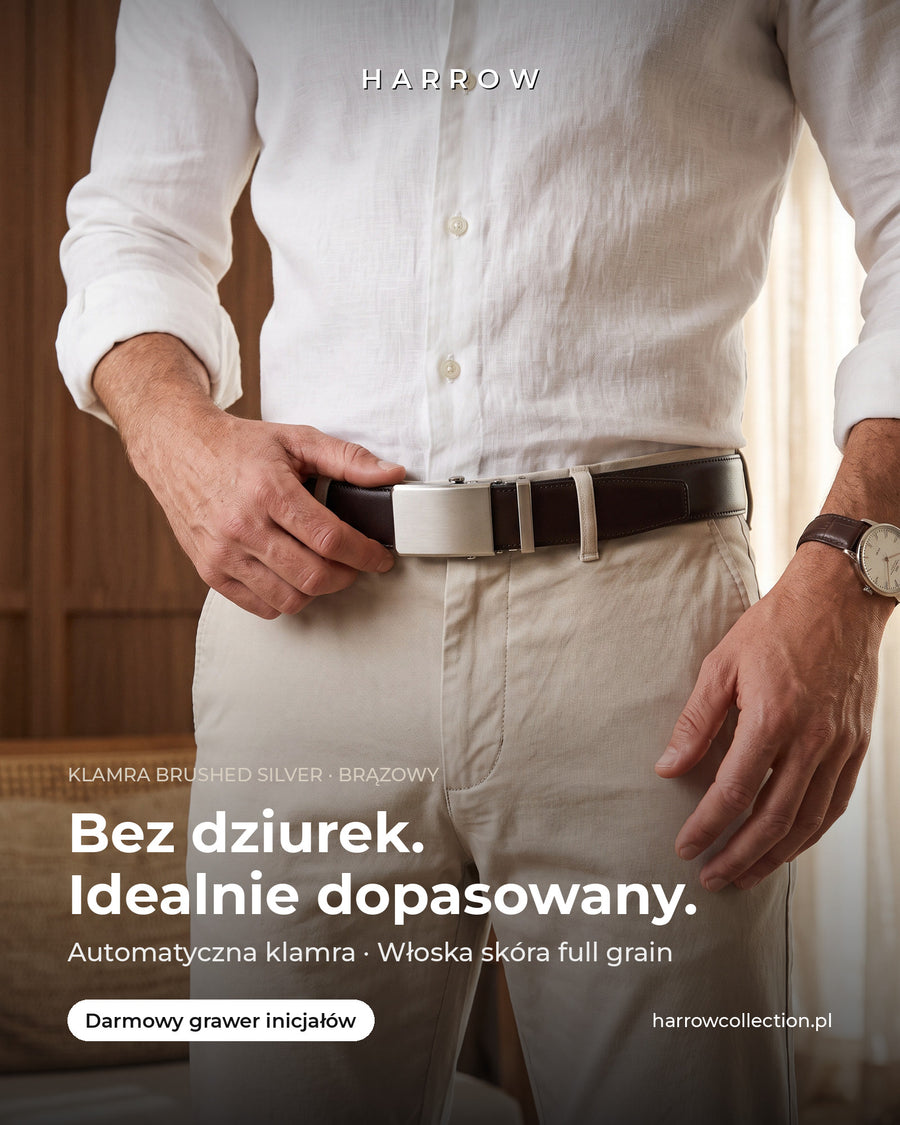 Harrow automatic Italian leather belt, brushed silver buckle, brown strap – worn on a model (PL campaign creative)
